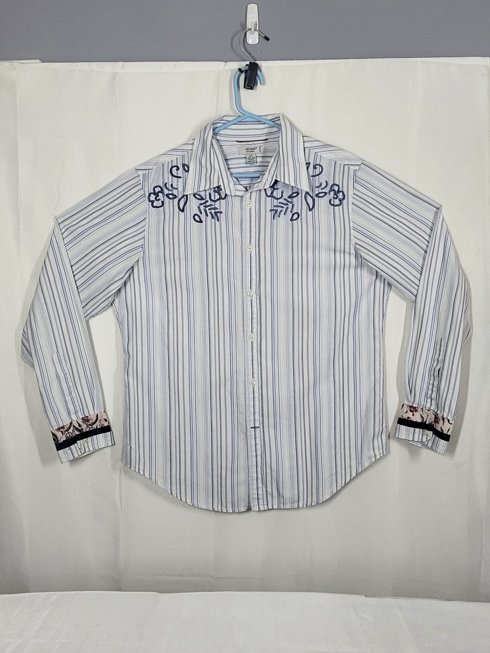 Guess White and Blue Striped Dress Shirt with Navy Embroidery